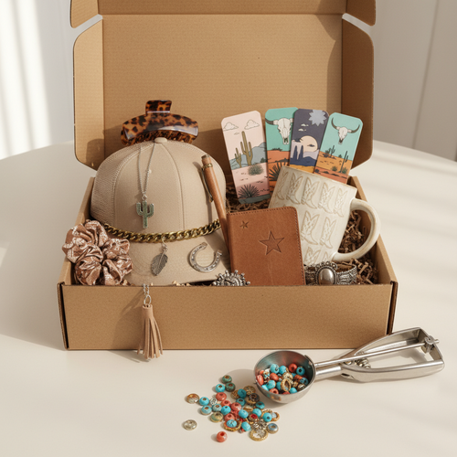 Western mystery scoop box with turquoise jewelry and cowgirl accessories